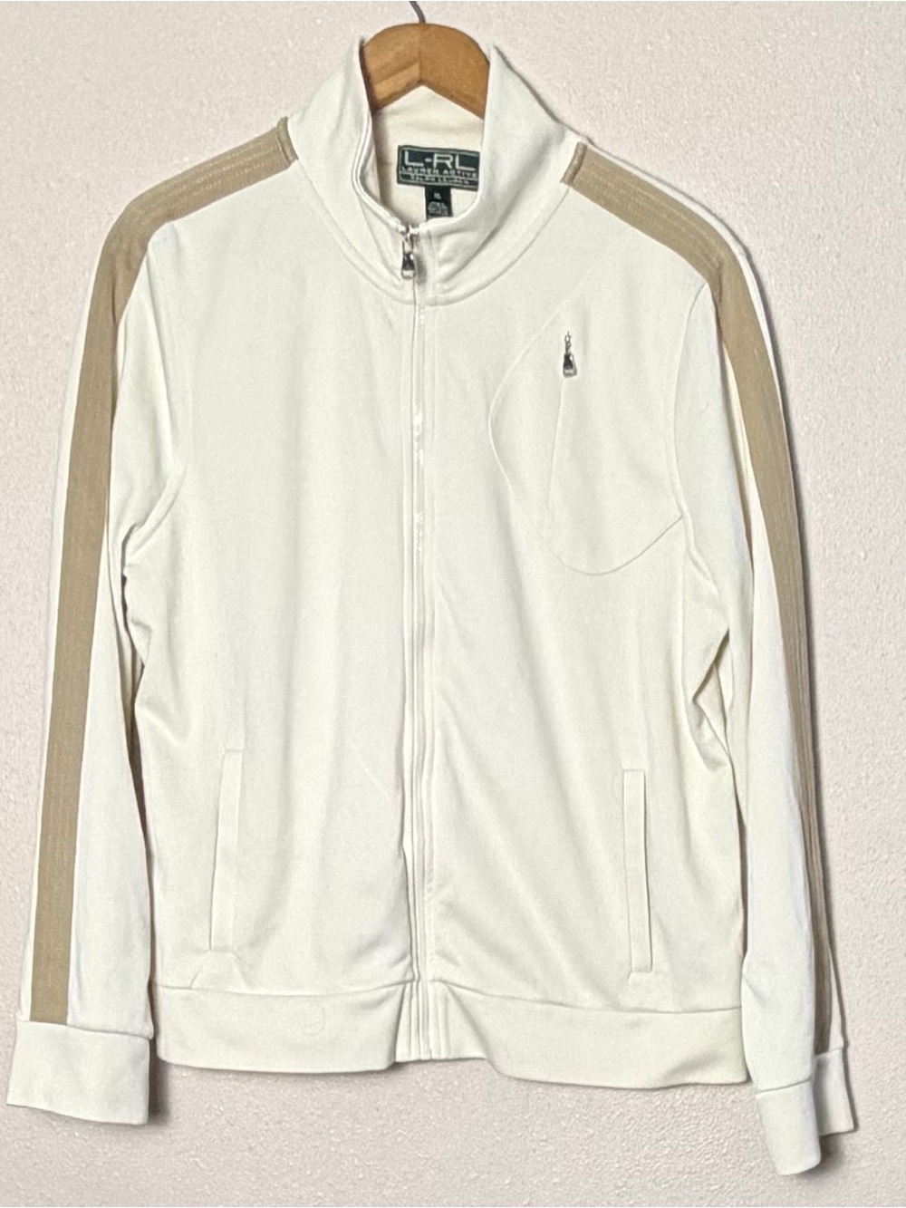 Vintage Ralph Lauren Cream Track Jacket with Tan Shoulder Stripes